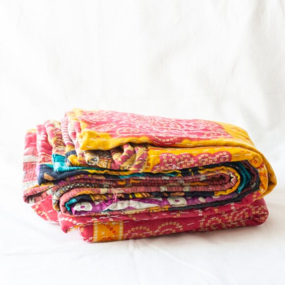 Vgt 90s Handmade Hand Block Stitch Indian Kantha Quilt Queen Bedspread Marigold - Picture 5 of 10